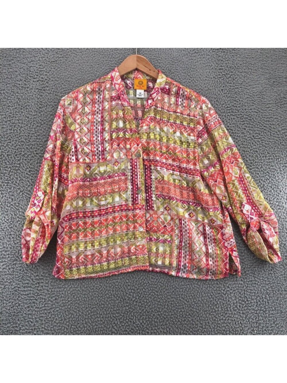 Ruby Rd Top Womens 14 Petite Pink Multi Ikat Roll Tab Sleeves Button Up Blouse